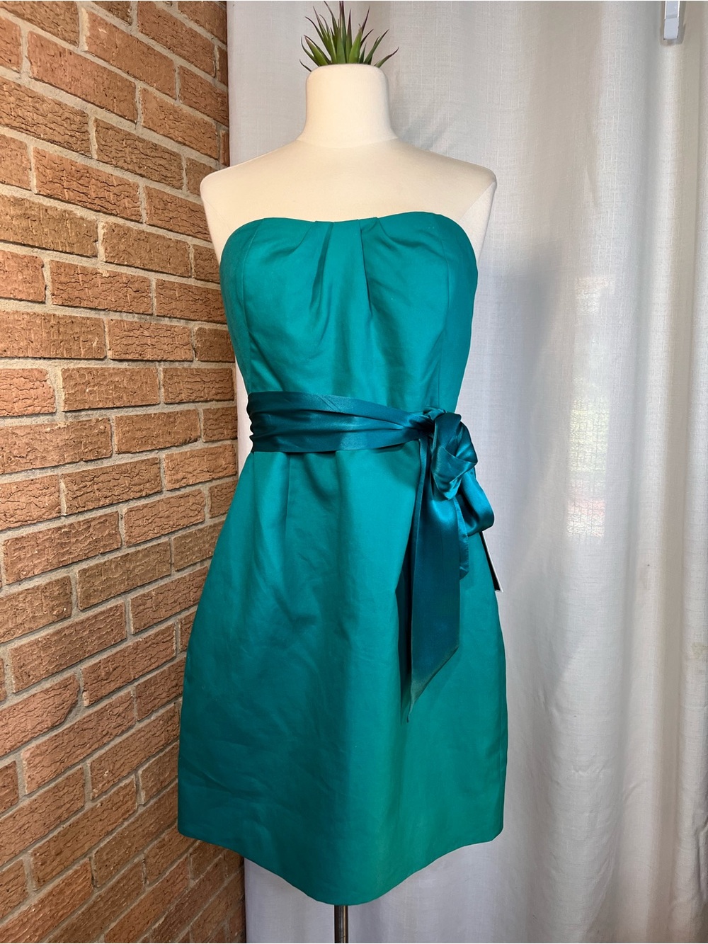 J.Crew Strapless Teal Green Cocktail Dress Petite 8 Silk Sash Cotton Dress NWT